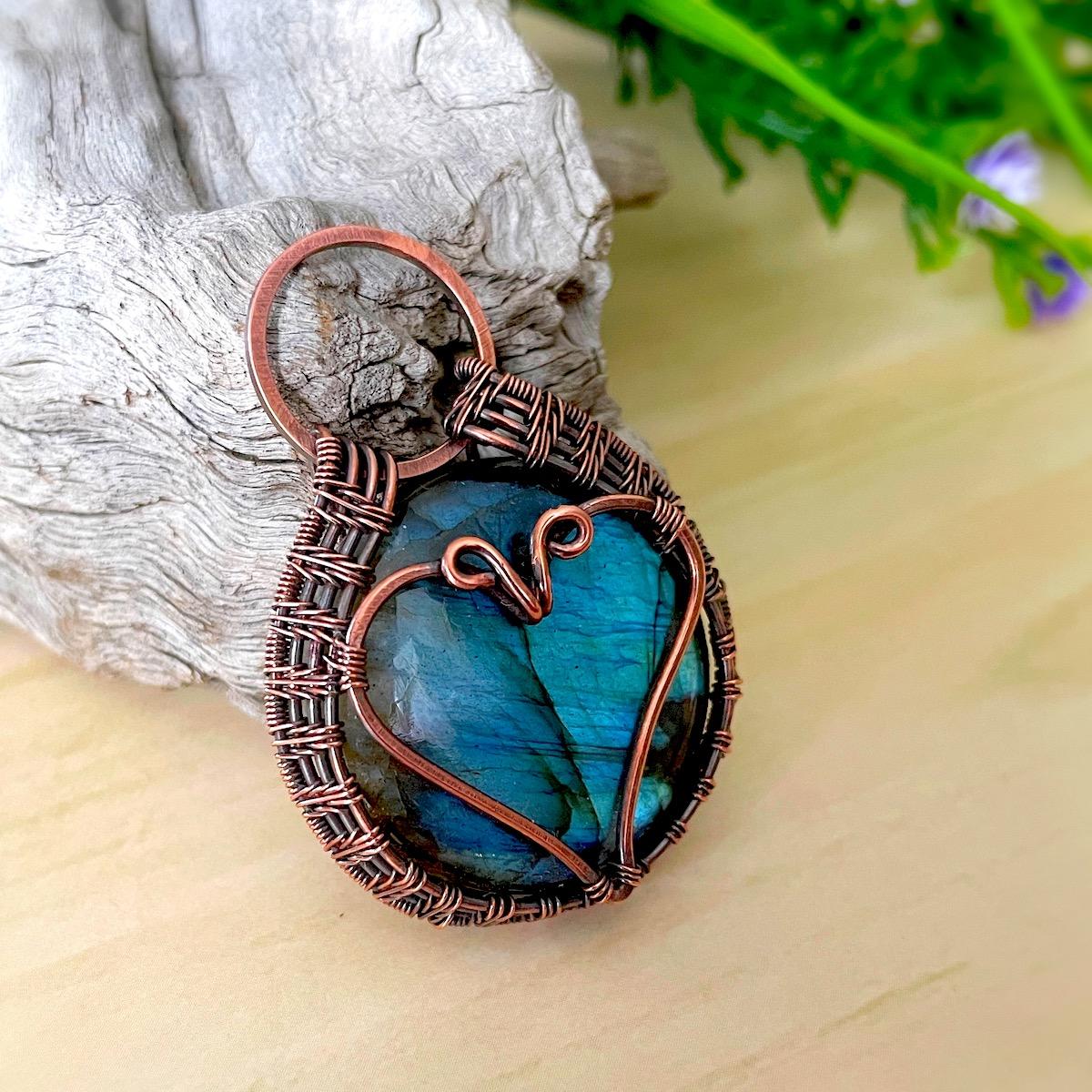 Wire wrapped Labrodite heart pendant
